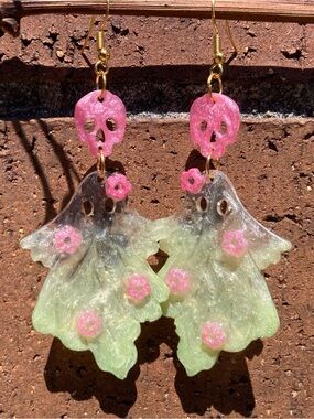 Green and Pink Floral Ghost Earrings